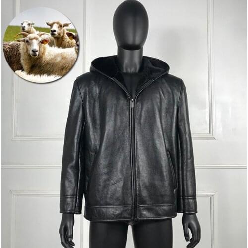 2020 new popular men jacket coat fully sheepskin lined hooded leather high quality