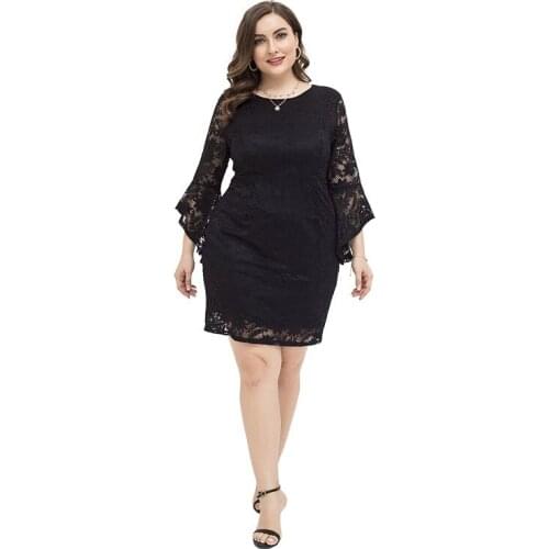 Autumn Summer Lace Dress Back V High Waist Flare Sleeve Elegant Mini Sexy Party Dresses Women Robes Black