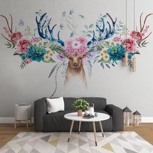 Custom Photo Hand Painted Floral Flowers Deer Head Art Wall Painting Bedroom Living Room Children Room Decor Mural Wall Paper 3D
