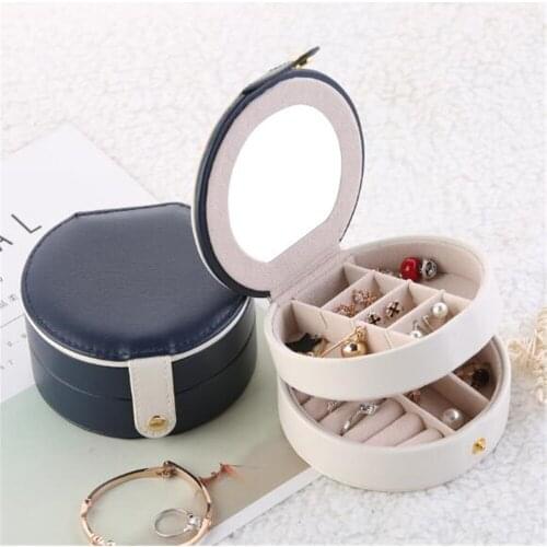 Jewelry Box Nordic PU Leather Round Case with Mirror Portable Ring Storage Case Dressing Table Studs Necklace Organizer Boxes