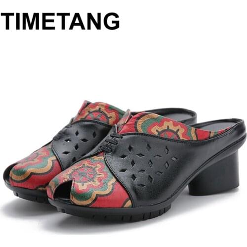 TIMETANG New Summer Peep-toe Womens Slippers Genuine Leather High Heels Shoes Woman Rome Style Casual Ladies Slides ShoesE834