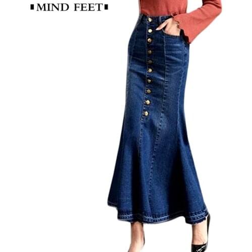 MIND FEET Women Denim Skirts Plus Size Row Buckle Self-cultivation Elastic Force Fish Tail Skirt Lady Mermaid Long Skirt
