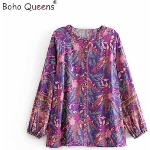 Boho Queens hippie women rayon cotton beach floral print bohemian blouse shirt ladies long sleeve loose Boho shirts