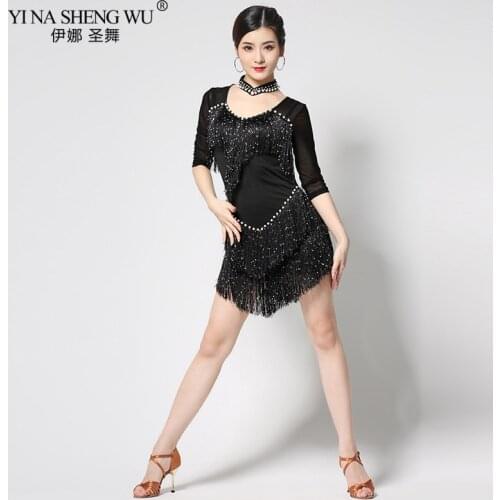 Women Latin Dance Wear Ballroom Dress Samba Costume Party Dresses Sheer Mesh Stretchy Fringes Latin Performance Dress+Necklace