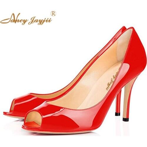 Sexy Autumn Red Black Flattering Peep Toe Women Pumps Glossy Patent Leather High Thin Heels Ladies Bride Evening Shoes Women 11