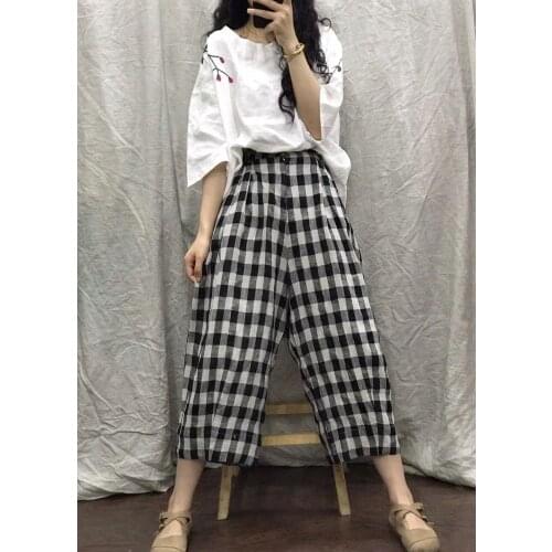 Women Summer Elastic Waist Plaid Linen pants Ladies Loose Vintage Plaid Trousers Female 2020 Plaid Pants