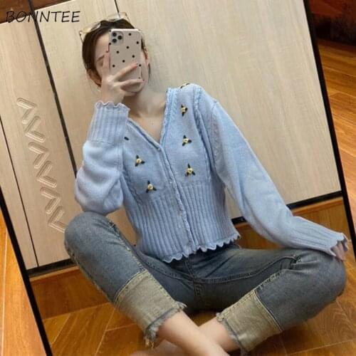 Knitting Sweaters Women V-Neck Long Sleeve Loose All-match French Autumn Korean Style Cardigan Female Floral Elegant Fashion New
