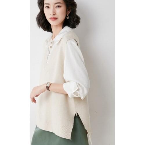 Split Outer Vest Womens Knitted Waistcoat Design Sense Autumn and Winter 2021 Fashion Loose Wool Slimming Coat 60116