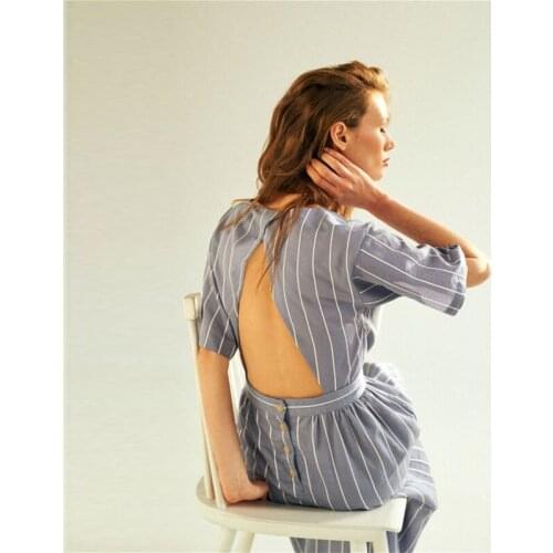 Sexy Backless Striped Long Dress Short Sleeve O Neck Shirt Dress 2021 Summer High Waist Elegant Vintage Cotton