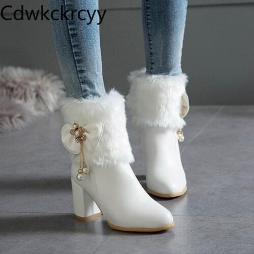 Winter The New fashion Round head Thick heel Martin boots black white Plus velvet Keep warm High heel Women boots size 34-48