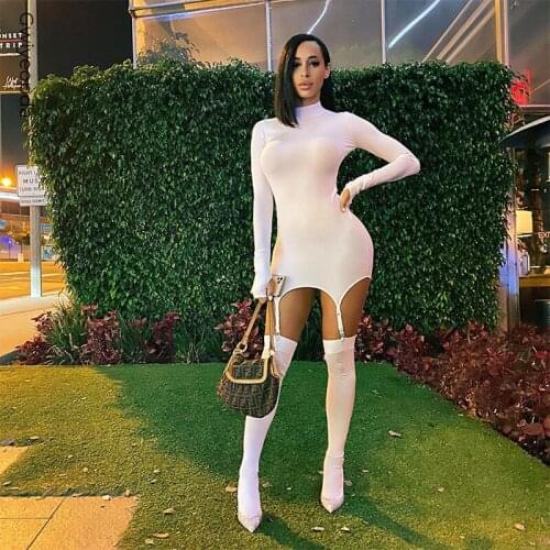 2021 Sexy Women Dress With Stockings Solid Long Sleeve Bodycon Slim Pencil Dresses Buckle Pacthwork Dress Club Streetwear