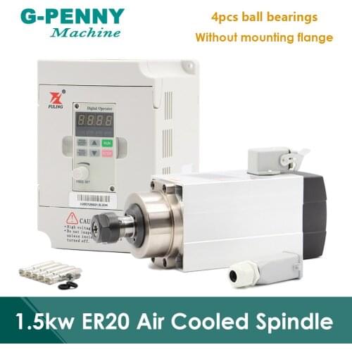 220v/380v 1.5kw ER20 Air Cooled Spindle motor square spindle air cooling 4pcs bearings 0.01mm accuracy & 1.5kw Fuling Inverter