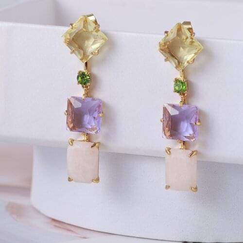 Geometric square inlaid colorful translucent crystal earrings