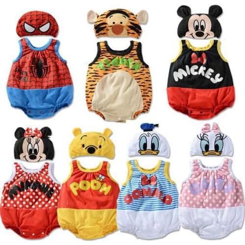 New Summer Baby Boy Girl Romper+Hat 2Pcs Set Newborn Cartoon Mickey Minnie Mouse Pooh Infant Bebe Clothing Sets Cotton Jumpsuits