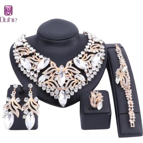Fashion Rhinestone Crystal Choker Necklace For Woman Statement Necklaces Earring Bracelet Ring Collar Boho Jewelry Sets