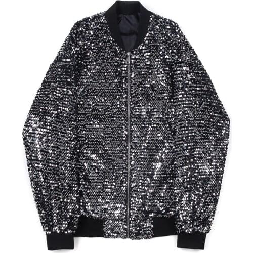 Fashion Mens Sequined Jackets Bling Glitter Bomber Jacket Coat Reflective Hip Hop Tops Streetwear Singer Nightclub Clothing Man