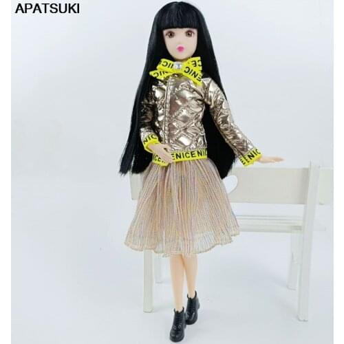 Golden Parka Winter Coat & Pleat Skirt Fashion Doll Clothes Set For Barbie Doll Outfits for 1/6 BJD Doll Accessories Kids Toy