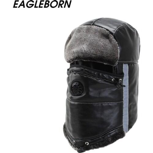 2020 Men Bomber Hats Russia Thick Winter Hat PU Winter Fur Hat Cap Reflective Stripes Snow Caps Women Ski Hat Vintage Fur Hat