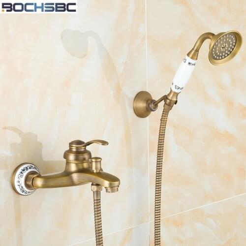 BOCHSBC Gold Brass Shower Set Bathroom Rain Shower Mixer Tub Faucet European Style Retro Antique Tete de Douche