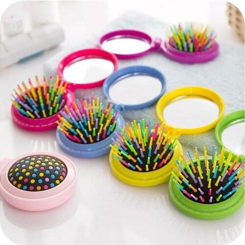2017 NEW Girls Portable Mini Folding Comb Airbag Massage Round Travel Hair brush With Mirror