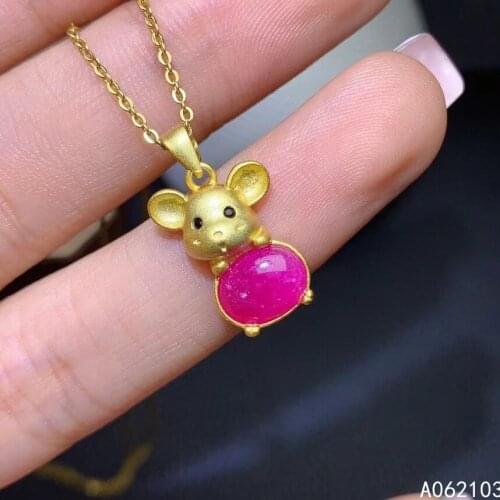 KJJEAXCMY fine jewelry 925 Sterling Silver inlaid natural ruby Womens fresh golden mouse faceted gem Pendant Necklace support d