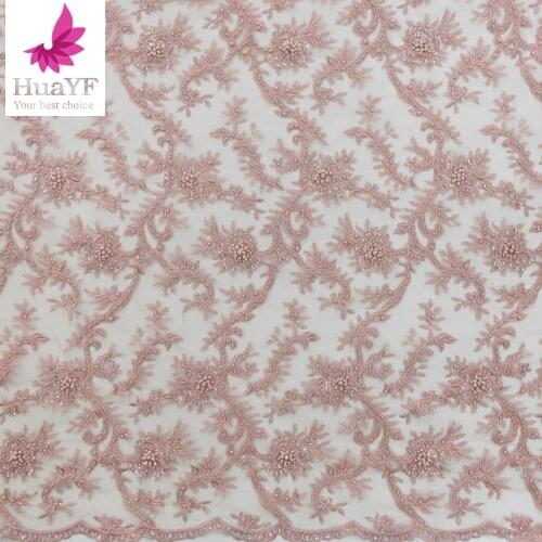Luxury French Pink Heavy Beaded Sequence Lace High Density Embroidery Dress Fabric HY1350-6