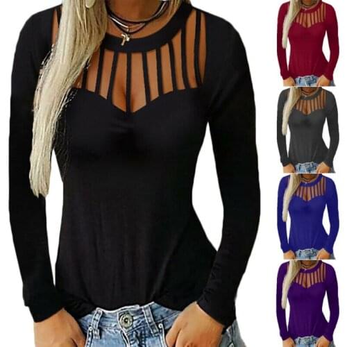 Made in China Women Hollow Solid Tops Ladies Long Sleeve Slim T Shirts Pullover Jumper