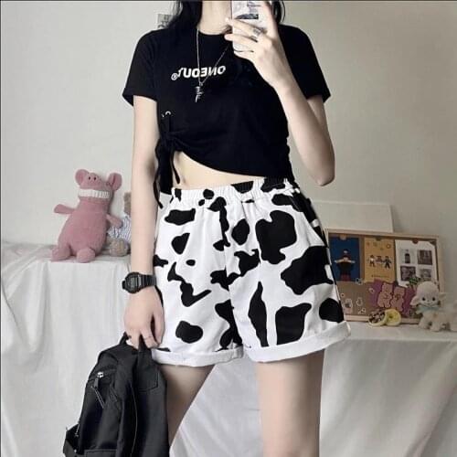 Women Summer Cow Printed Loose Shorts Casual Elastic Waist Black White Color Summer Short Pants