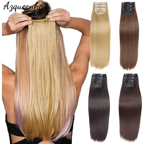 Azqueen 24inch 60cm Long Straight Synthetic Clip-in Extension 2 Clips False Hair Blonde Brown Black Hair Pieces For Women