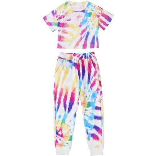 Colorful Kids Girls Summer Casual Suit Yoga Tracksuit Tie Dye Print Workout Crop T-shirt Top and Pants Sport Childrens Clothing