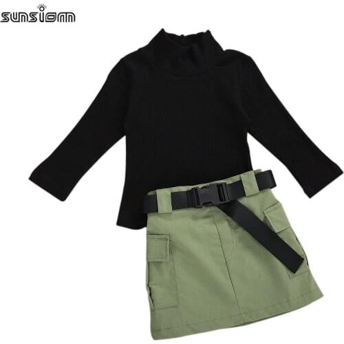 SUNSIOM Fashion Baby Girls Clothes Sets Knit Long Sleeve Sweater Tops+ Army Green Skirts+Belt Girls Autumn Outfits 1-6Years