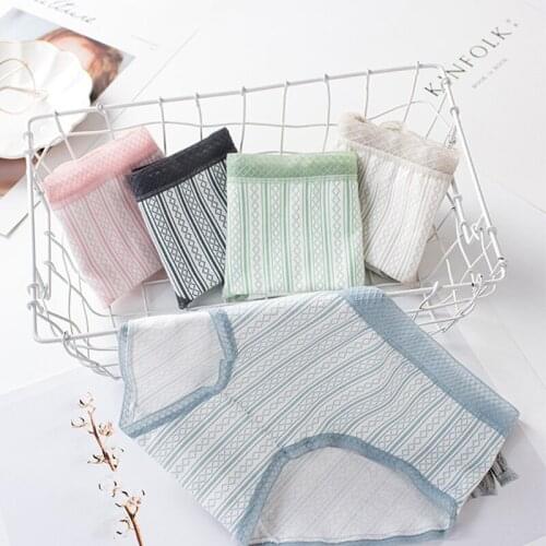 Pure Cotton Womens Underwear Panties Mid Waist Briefs Girl Lovely Underwear Hollow Out Seamless Underpants New Stripe Nanties