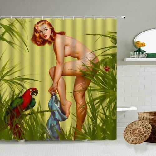 American Beautiful Girl Parrot Shower Curtain Sexy Woman Bathroom Decoration Blackout Waterproof Photography Background Screen