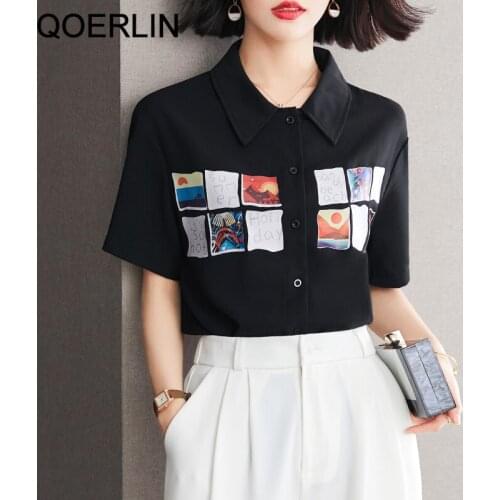 QOERLIN Black Women Shirts Summer Short Sleeve Loose Casual Tops Blouse Plus Size Turn-Down Collar Single-Breasted Shirts Female