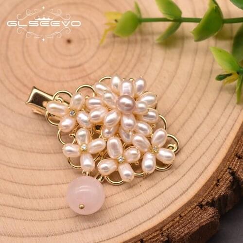 GLSEEVO Original Design Natural Freshwater Pearl Hairpin For Women Wedding Pink Crystal Luxury Jewelry Hair Accessories GH0025