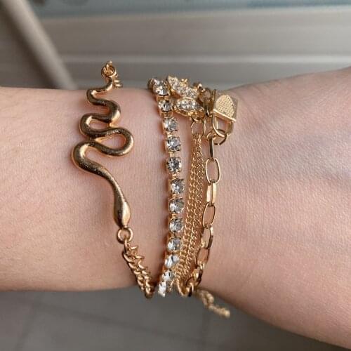 New Bohemian Metal Chain Bracelet Set For Women Flower Moon Heart Crystal Multilayer Bangle Boho Jewelry Ladies Luxury Bijoux