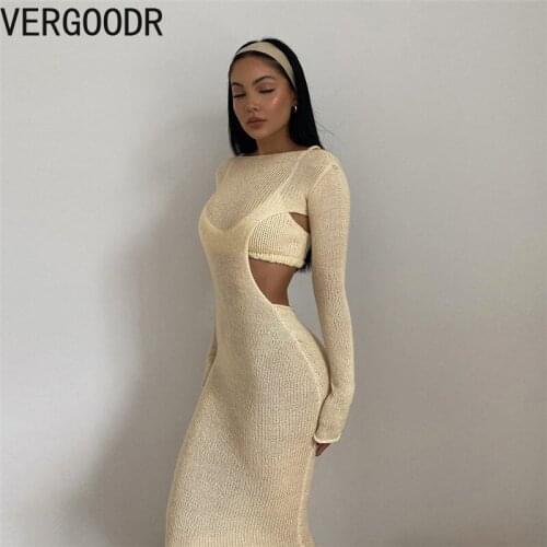Vergoodr Autumn and Winter New Womens Suspenders One-way Neck Small Vest + Round Neck Long-sleeved Dress Bodycon Dress