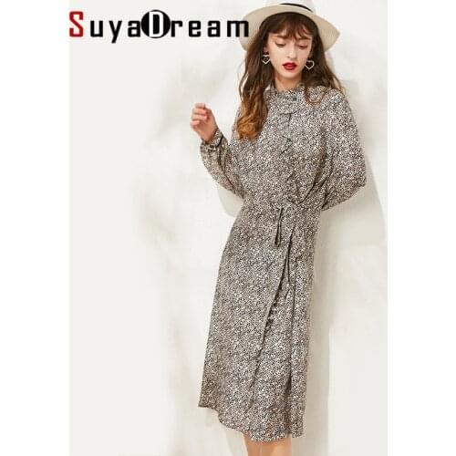 SuyaDream Women Leopard Print Dress Long Sleeves Midi Dress Women 50%Silk 50%Cotton 2020 Elegant Sash Party Dress Vestidos