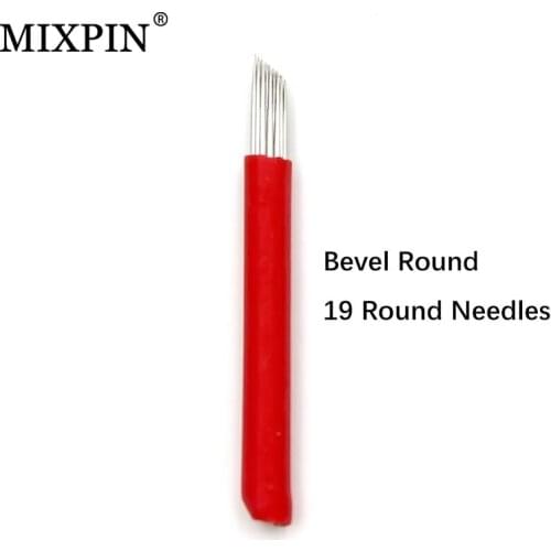 50 pcs Permanent Makeup Eyebrow Tattoo 19 Bevel Round Needles Microblading Needle 3D Eyebrow Embroidery 19 Fog Round Needle Red