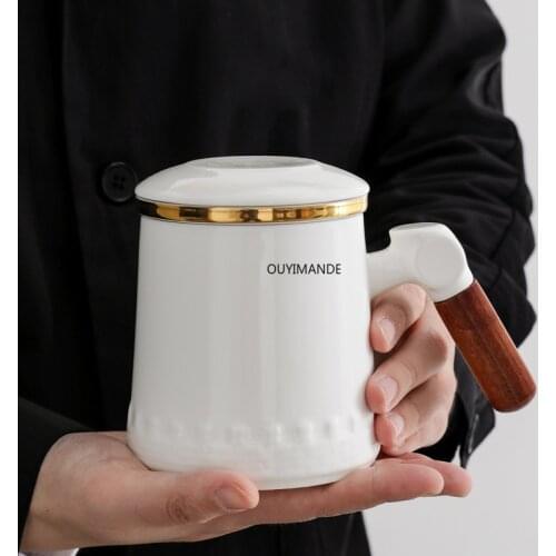 White Porcelain Water Cup with Wooden Handle Large-capacity Office Teacup Ceramic Mug with Lid and Filter Simple Teacup Retro