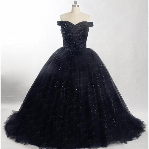 RSE847 Off Shoulder Shine glitter Black Puffy Dress Ballkleider Lang Ball Gown Evening Dresses
