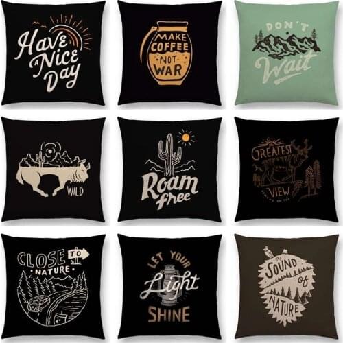Black Activities Letters Pillowcase Great Nature Adventure Camp Explore Hike Seek Wild Stormy Light Shine Cushion Cover Decor