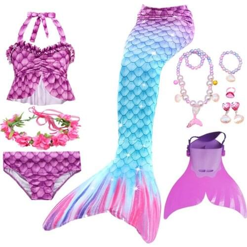 Girls Swimmable Mermaid Tail Princess Dress with Monofin Kids Holiday Mermaid Costume Cosplay Swimsuit Halloween for Kids Gift