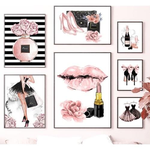 Girl Perfume Flower Lipstick High Heels Wall Art Canvas Painting Nordic Posters And Prints Wall Pictures For Fashion Shop Decor