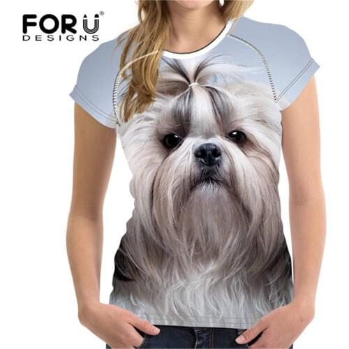 FORUDESIGNS 2019 Kawaii 3D Shih Tzu Dogs Women T Shirt Tees Woman Tops O Neck Elastic Ladies Basic Shirt For Girl Female T-shirt