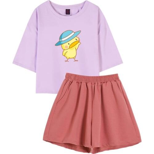 Kawaii Duck Graphic T Shirt Cotton Harajuku Crop Tops Y2k Clothes High Waist Shorts for Women Two Piece Suits Fashon Clothing