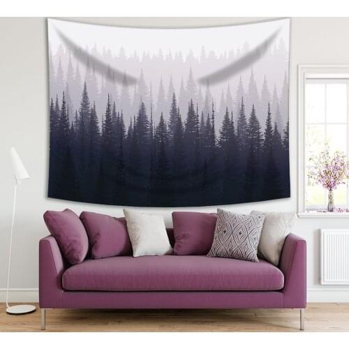 Tapestry Pine Forest in Winter Foggy Mountain Landscape Monochrome Nature Scene Gray Black Art Printed