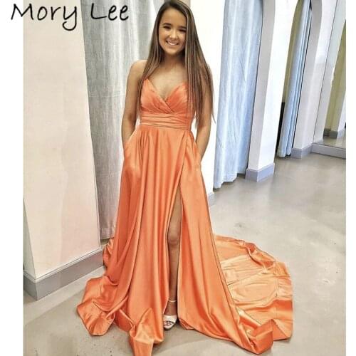 Hot Evening Dresses V-Neck Sleevless Floor Length Side Slit Spandex Satin Evening Dresses Zipper vestidos de fiesta de noche