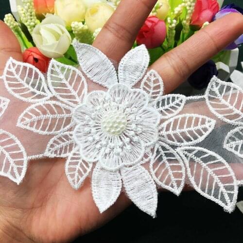 Hot 5x White Pearl Beaded Flower Leaf Embroidered Lace Trim Ribbon Fabric Handmade Sewing Craft For Costume Hat Decoration