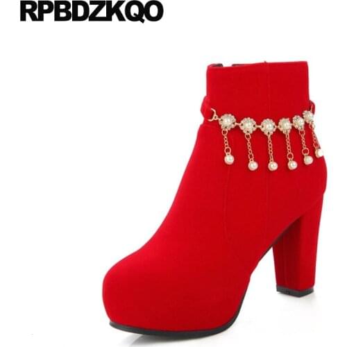 Platform Shoes High Heel Pearl 2018 Bridal Red Rhinestone Big Size Women Side Zip Boots 10 Velvet Booties Crystal Wedding Chunky